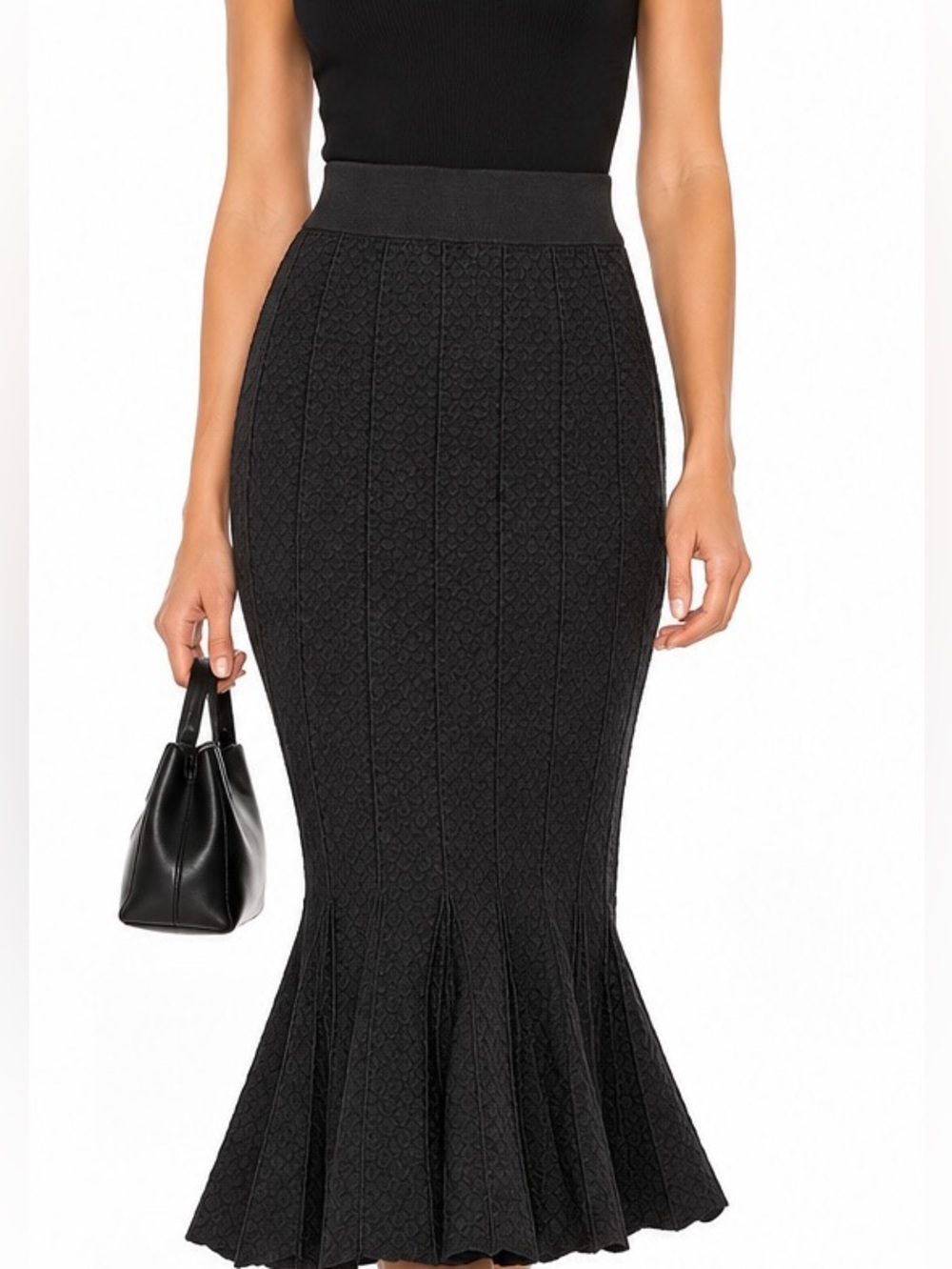 Jonathan Simkhai Black Textured Knit Fluted Midi Skirt Large